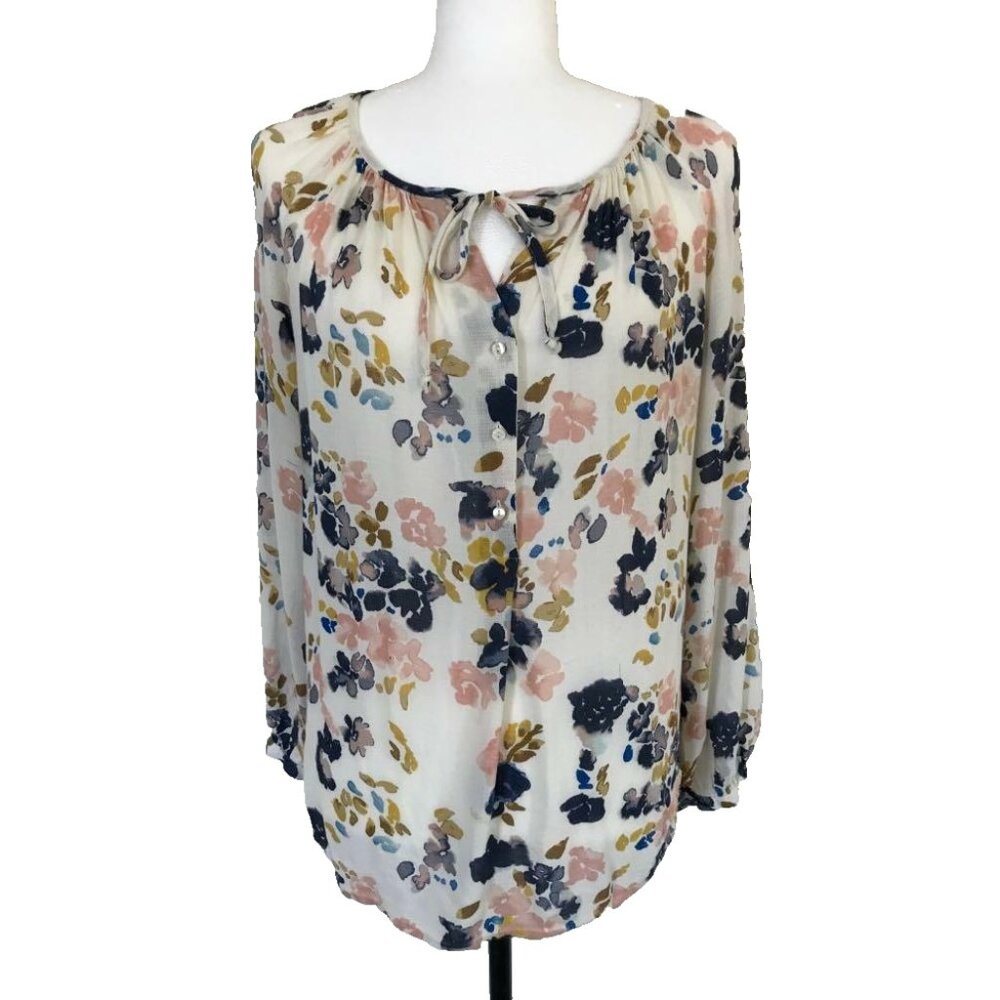 LUCKY BRAND Boho Blouse Top Size Medium Cream V Neck Tie Half Button Up Floral